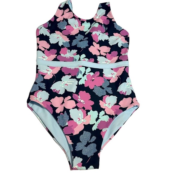 Zella Girls Reversible Journey One-Piece Swimsuit Size 16 Blue Purple Floral